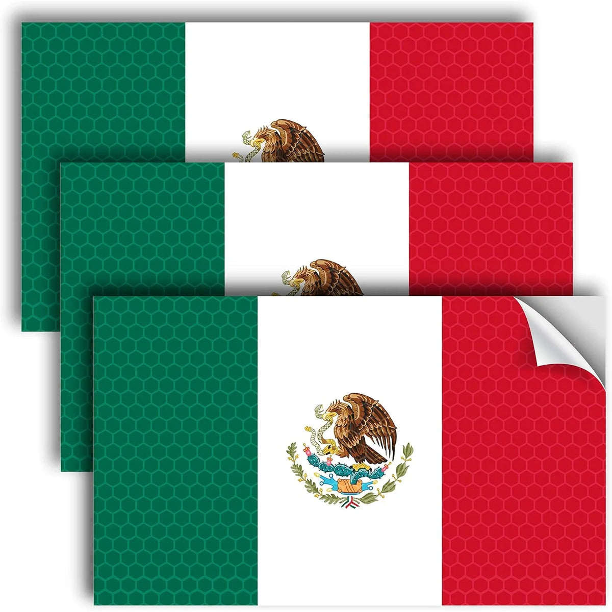 Mexican flag design featuring green, white, and red panels with an eagle emblem.