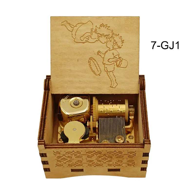 A wooden music box featuring a cutout of a character and internal mechanical components.