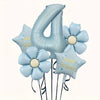 A set of light blue foil balloons shaped like the number 4 and a flower, with a star balloon reading Happy Birthday.