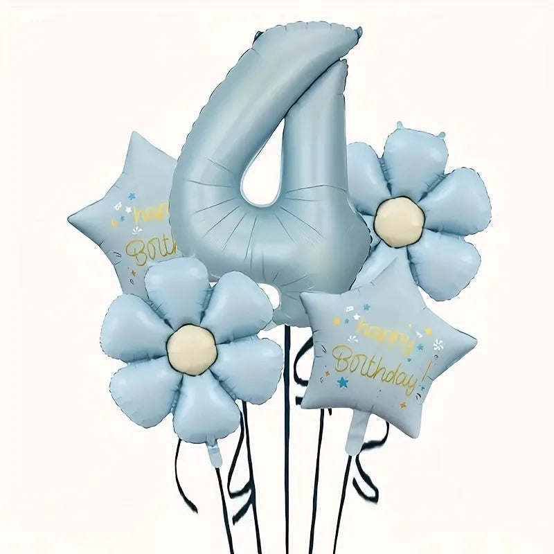 A set of light blue foil balloons shaped like the number 4 and a flower, with a star balloon reading Happy Birthday.