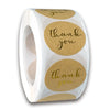 Roll of kraft paper thank you stickers with round labels featuring the text thank you