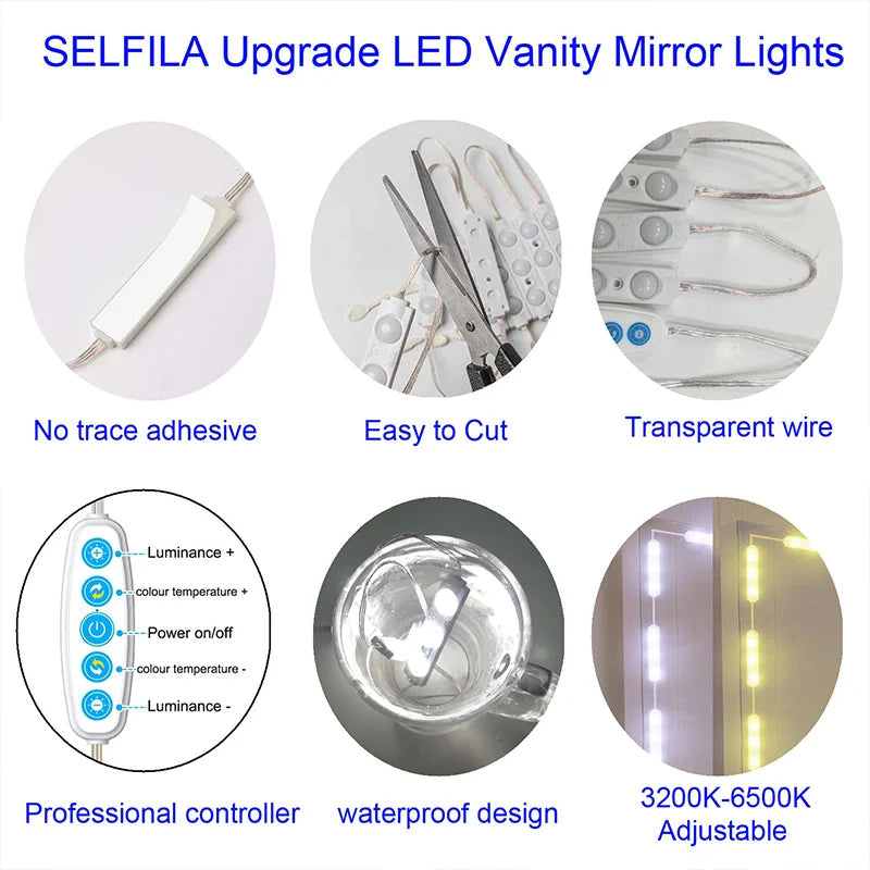 LED vanity mirror lights featuring no trace adhesive, easy-to-cut wires, professional controller, waterproof design, and adju