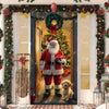 Christmas Santa and Elk Door Cover Banner featuring a jolly Santa in a red suit standing in an ornate doorway decorated with 