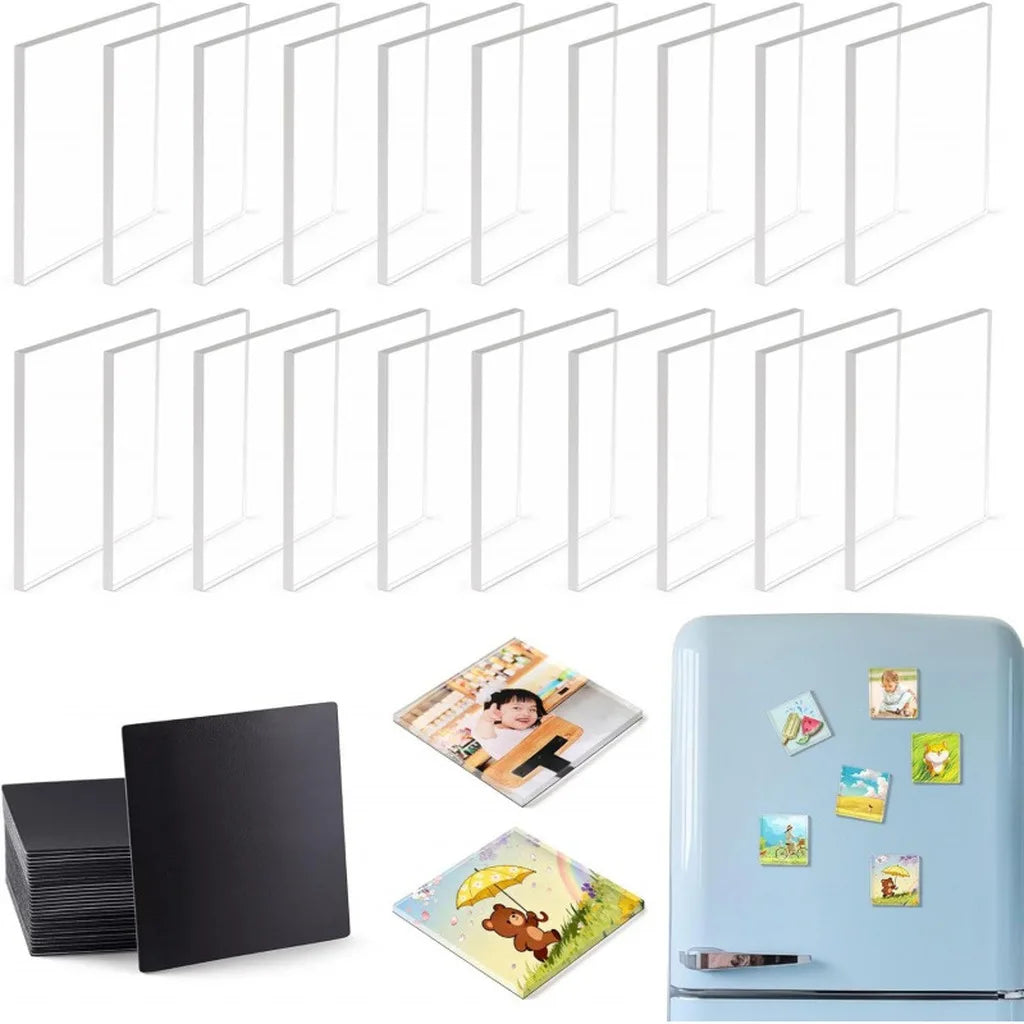 A collection of clear acrylic fridge magnets in various shapes and sizes displayed against a white background.