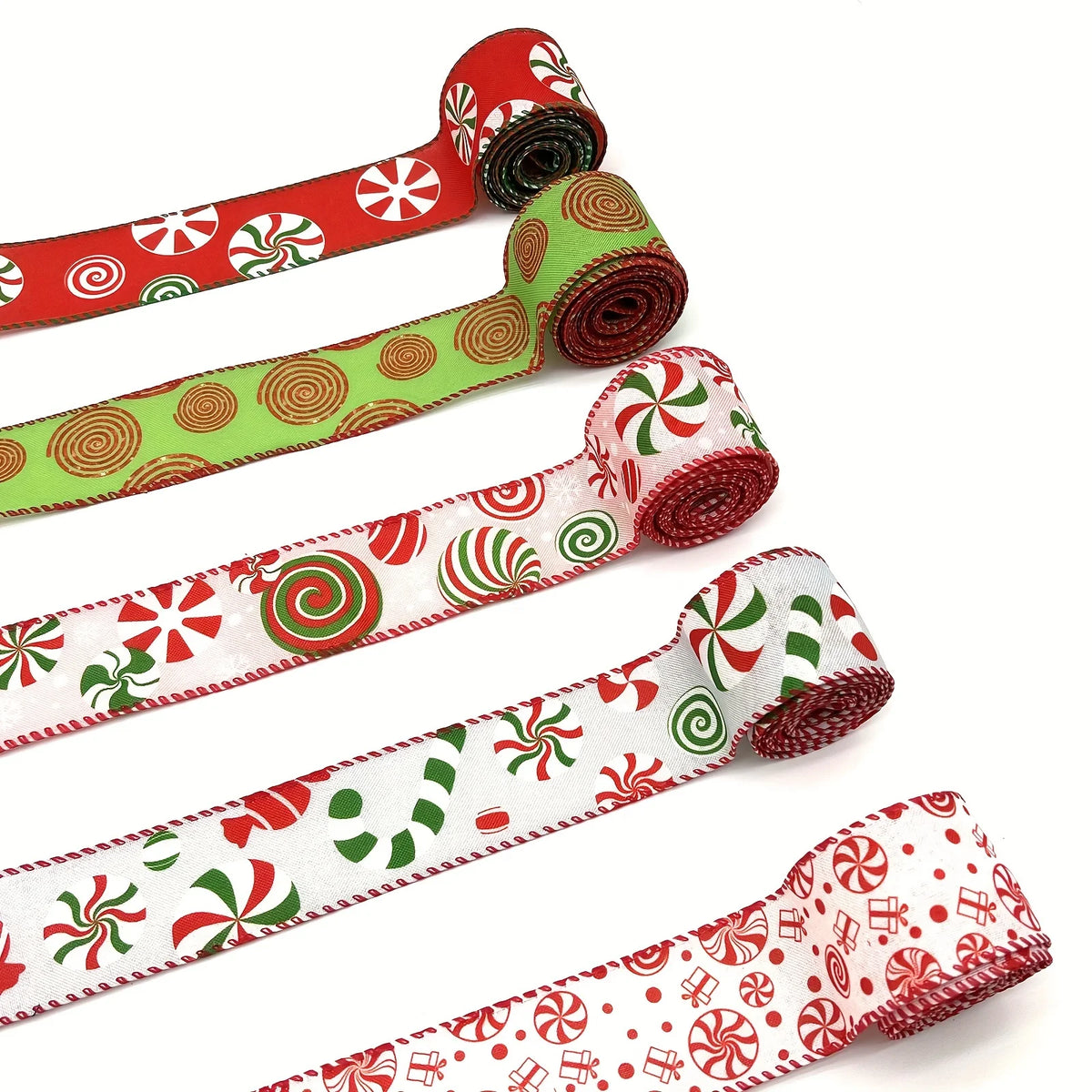Red and green candy cane patterned burlap ribbon with wired edges for crafting and wrapping.
