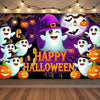 A Halloween neon backdrop featuring pumpkins, bats, and skulls for a photo booth background.