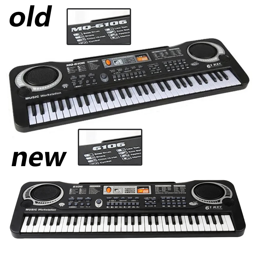 Comparison of an old and new MQ-6106 electronic piano keyboard with microphone.