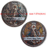 A commemorative coin featuring the Archangel Michael, depicted with wings and a sword, surrounded by decorative borders.