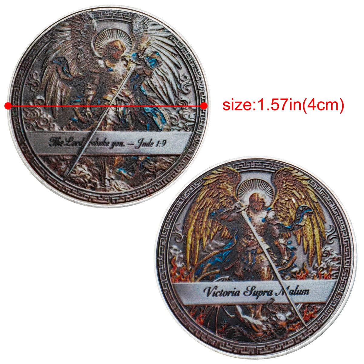 A commemorative coin featuring the Archangel Michael, depicted with wings and a sword, surrounded by decorative borders.