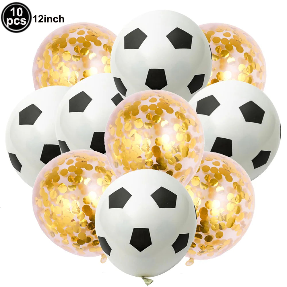 A pack of ten black and white soccer ball-shaped latex balloons for party decorations.
