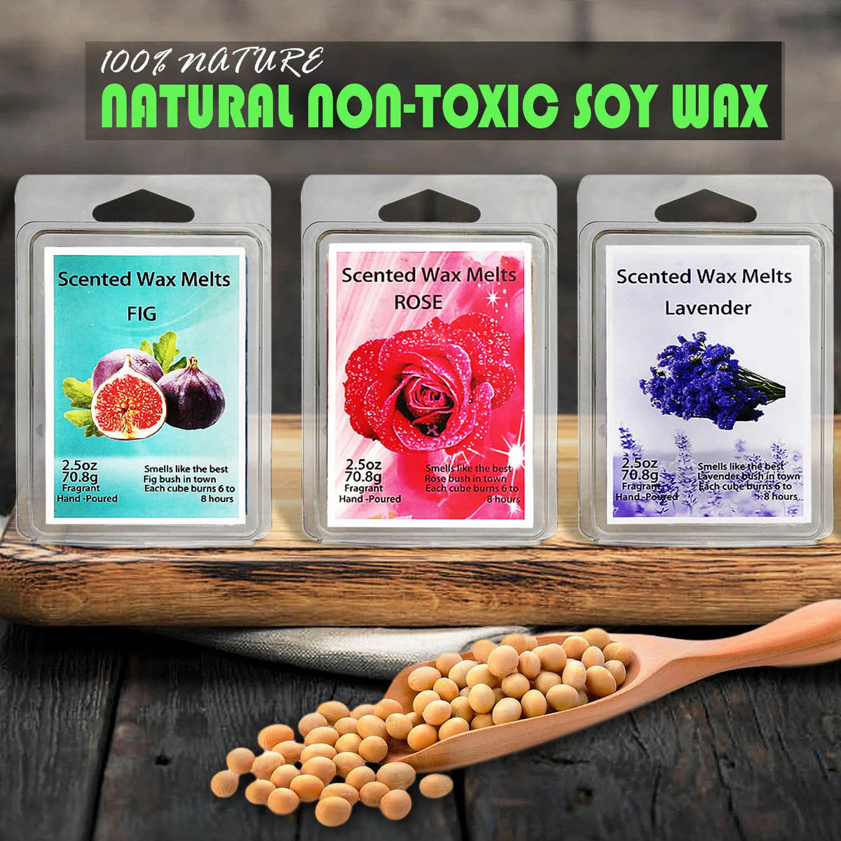 Three glass jars of scented soy wax melts for fig, rose, and lavender with a wooden spoon and wax pellets