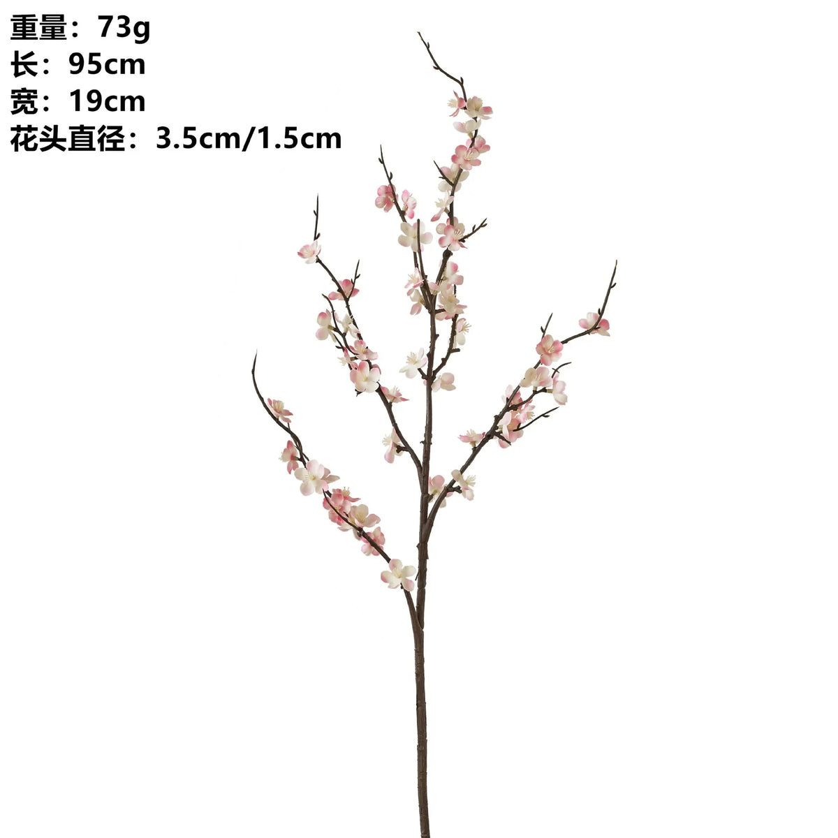 A branch of plum blossoms with pink flowers and stems.