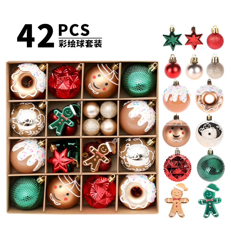 A collection of 42 shatterproof Christmas ball ornaments in various colors and finishes displayed in a wooden tray.