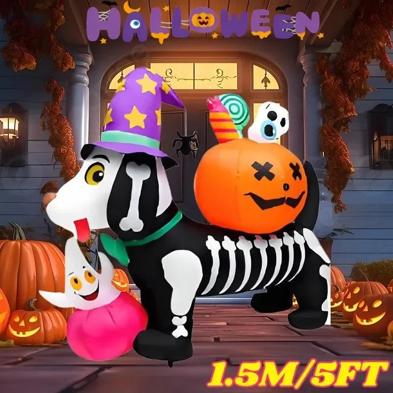A black and white inflatable dog wearing a witch hat, sitting in front of a Halloween-themed house with pumpkins.