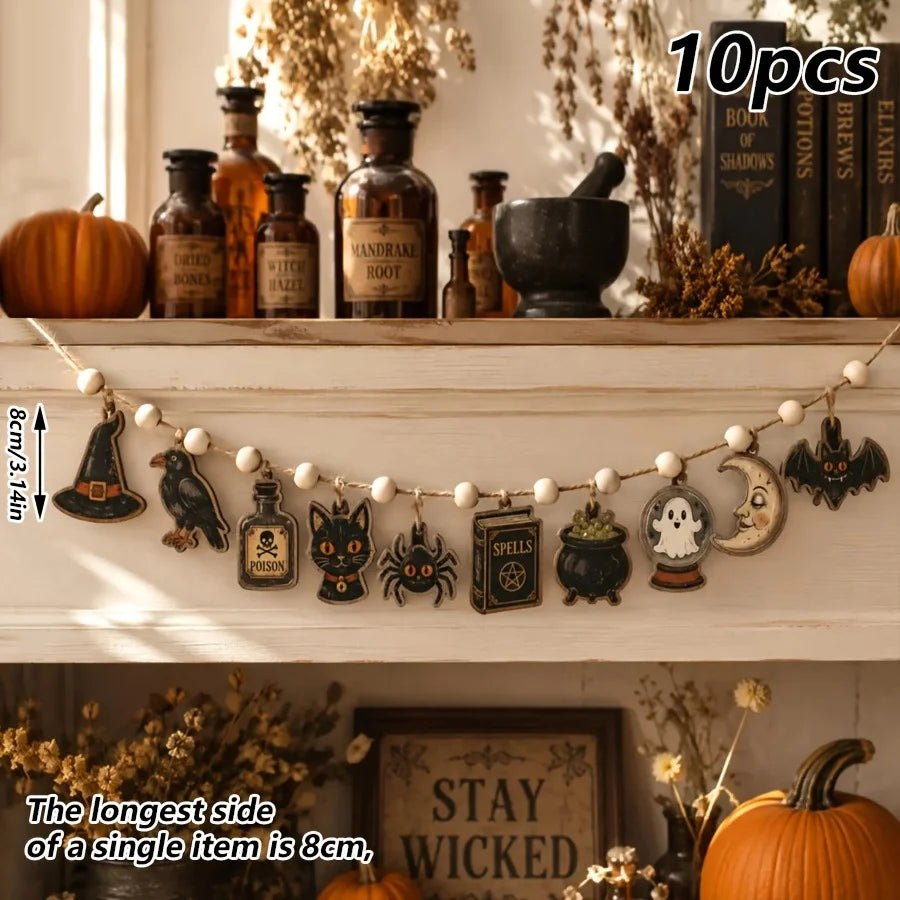Vintage wooden Halloween flag set featuring pumpkins, ghosts, and moons displayed on a shelf.
