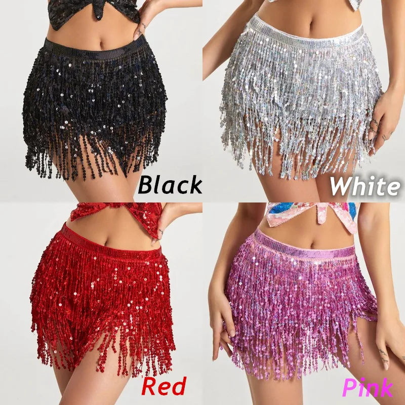 A collection of hula dancer layer sequins skirts in black, white, red, and pink with tassel belts.