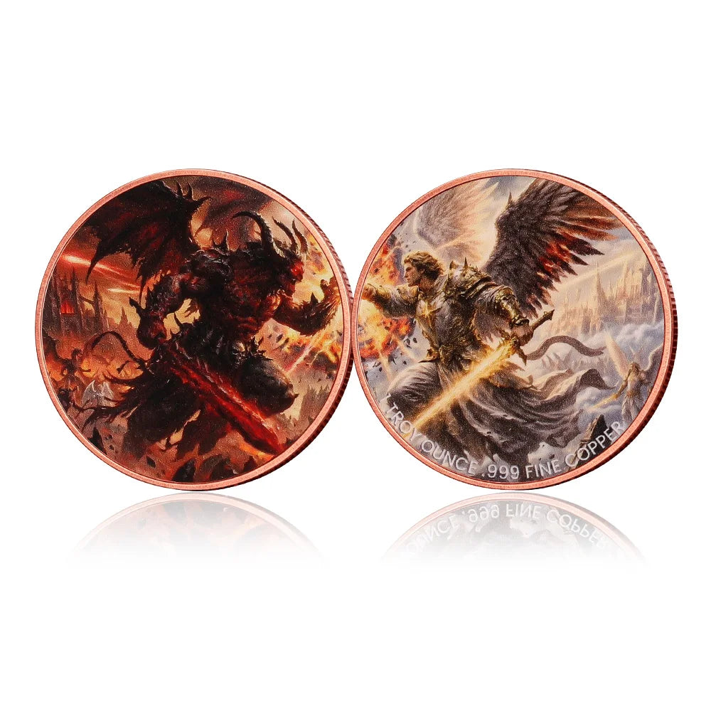 Two round copper challenge coins featuring designs of a Grim Reaper and a winged figure.