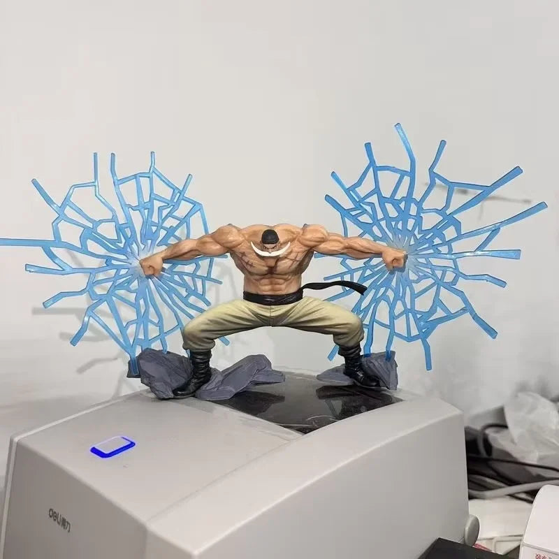 A whitebeard figurine in a fighting pose with blue ice shards surrounding him on a desk display.