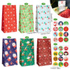 A set of 24 Christmas themed kraft paper gift bags with seal stickers in various colors and designs.