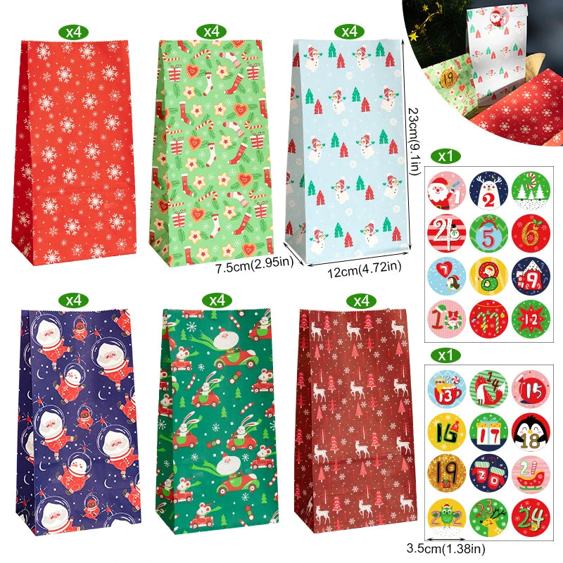 A set of 24 Christmas themed kraft paper gift bags with seal stickers in various colors and designs.