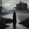 A misty, atmospheric landscape featuring a house and a dark silhouette standing in water.