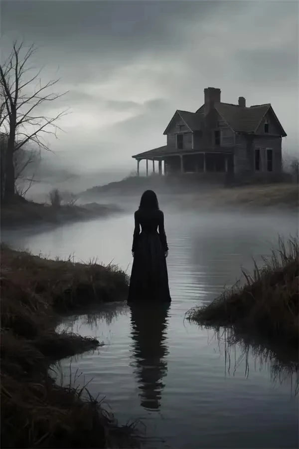 A misty, atmospheric landscape featuring a house and a dark silhouette standing in water.