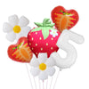 A set of six foil balloons shaped like a heart and a strawberry in red, orange, and green colors.