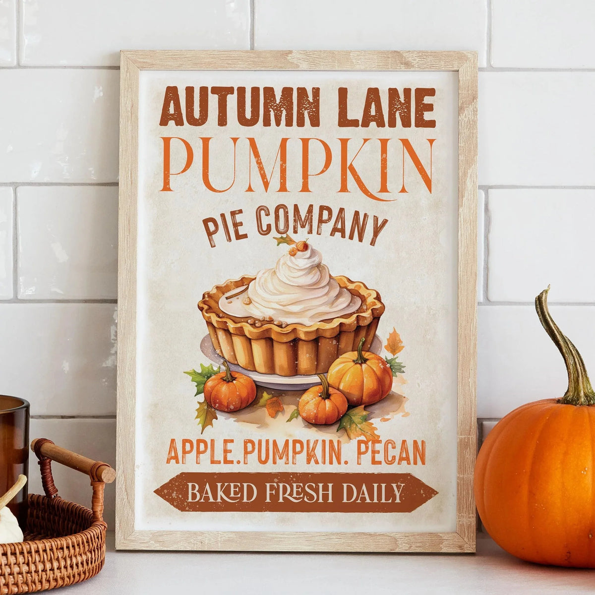 Wall art poster featuring text Autumn Lane Pumpkin Pie Company and Apple Pumpkin Pecan Baked Fresh Daily
