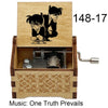 A wooden music box featuring an anime character, labeled 148-17, with the title Music: One Truth Prevails.