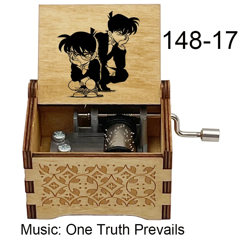 A wooden music box featuring an anime character, labeled 148-17, with the title Music: One Truth Prevails.