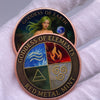 A round copper medal featuring a goddess of earth and a goddess of elements design.