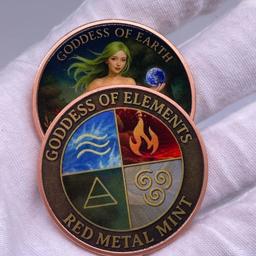 A round copper medal featuring a goddess of earth and a goddess of elements design.