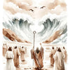 Watercolor painting depicting Jesus as a shepherd amidst dramatic waves and clouds.