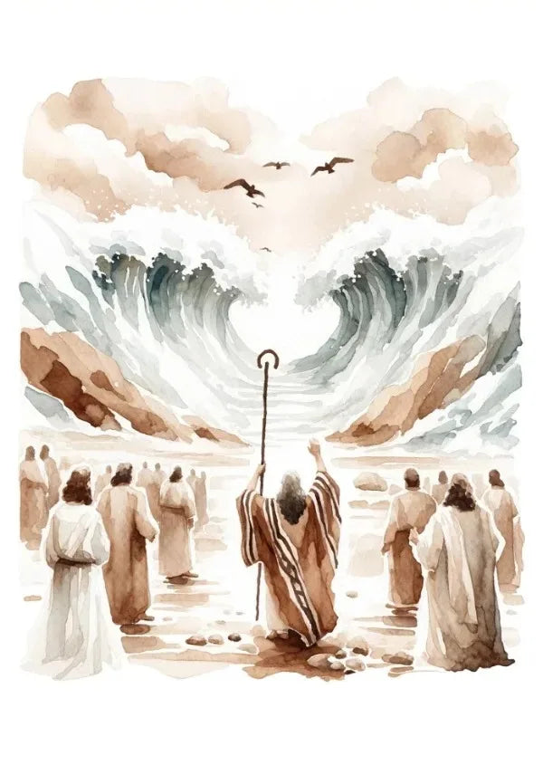 Watercolor painting depicting Jesus as a shepherd amidst dramatic waves and clouds.