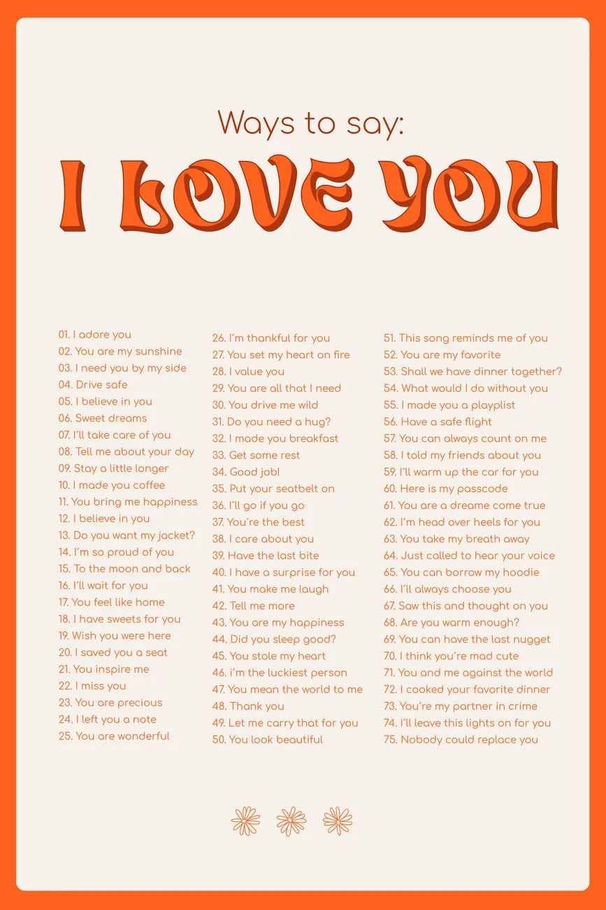 A list of 50 ways to say I love you written in large, bold text on an orange background.