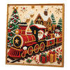 A diamond painting kit featuring a festive train and Santa in a Christmas scene set within a gold frame.