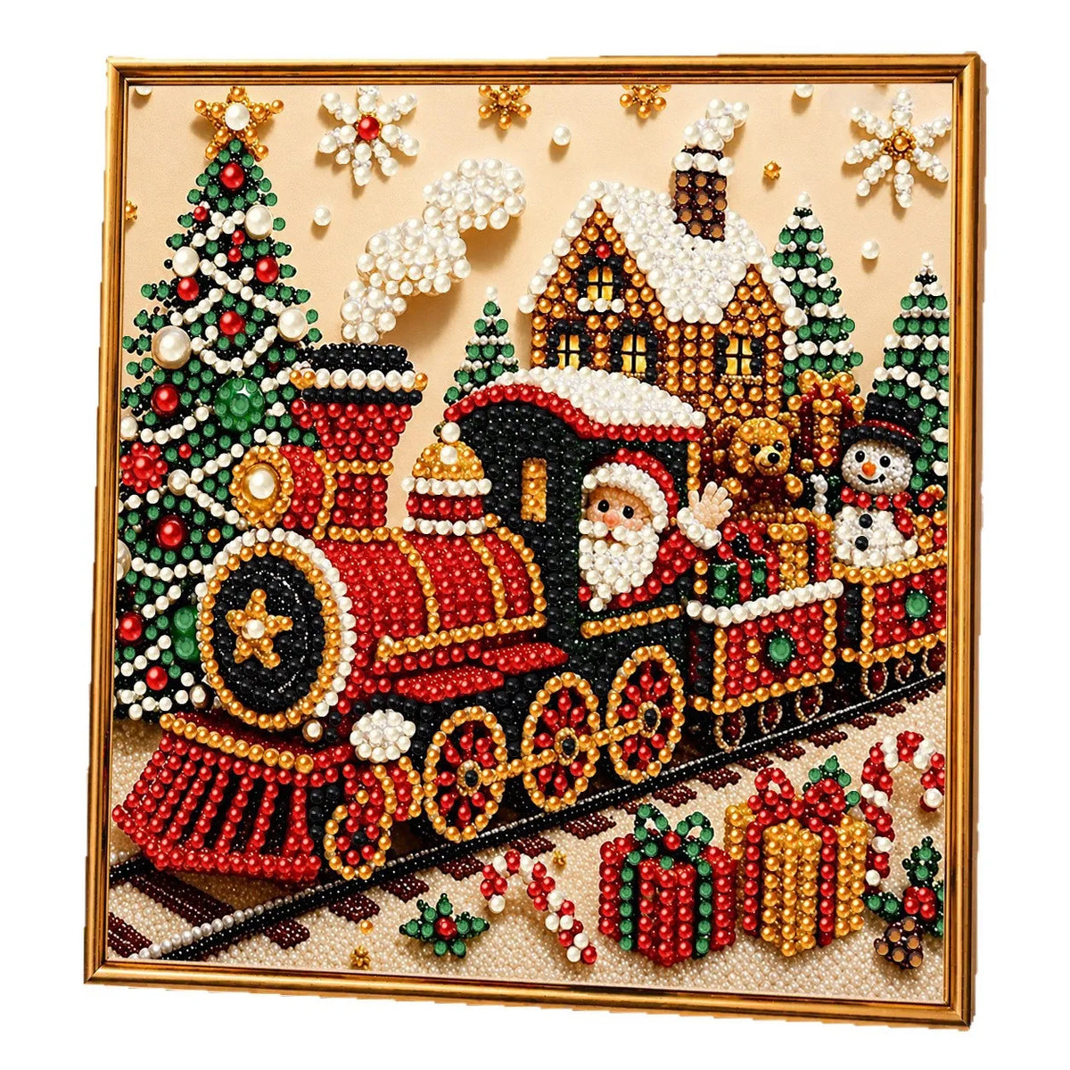 A diamond painting kit featuring a festive train and Santa in a Christmas scene set within a gold frame.