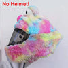 A colorful, fluffy cartoon plush helmet cover with pink, yellow, and blue hues.
