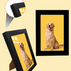 A black photo frame displaying a golden retriever dog, with an inset showing the frame's design.
