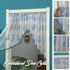 Embroidered sheer lace door curtain featuring blue floral patterns and delicate tassels.