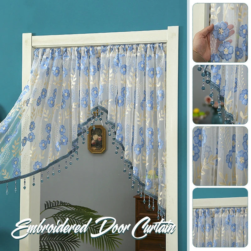 Embroidered sheer lace door curtain featuring blue floral patterns and delicate tassels.
