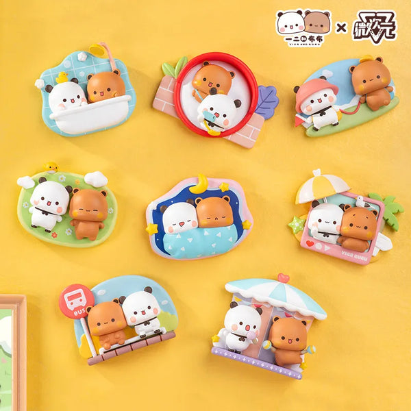 A collection of fridge magnets featuring cute bear and panda characters in various designs and colors.