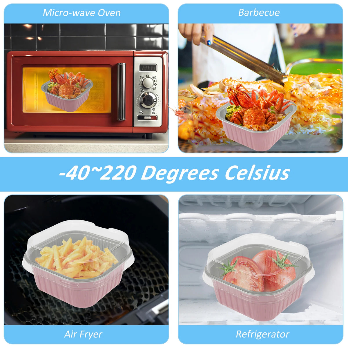 A collection of reusable aluminum foil baking cups with lids and spoons shown in various cooking contexts.