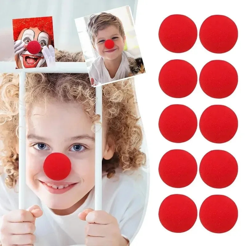 A child is holding a red foam clown nose, demonstrating the product for costumes and parties.