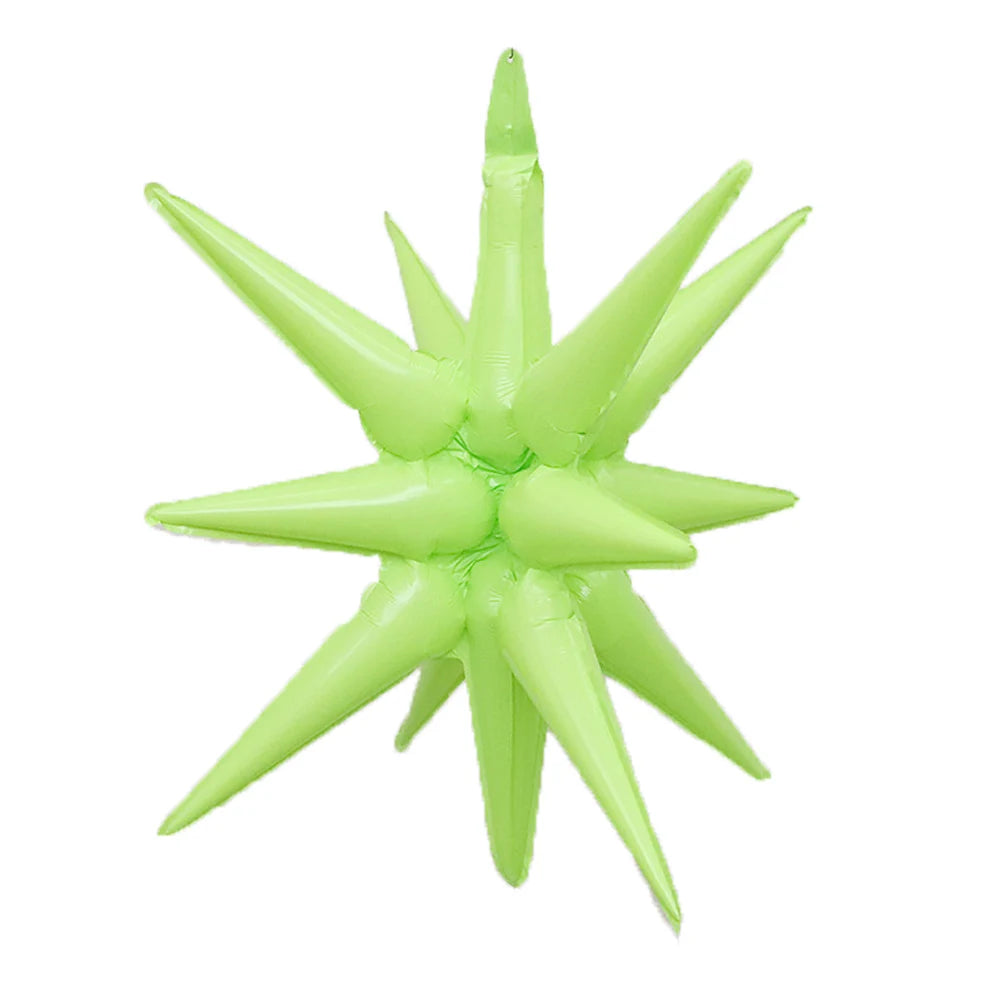 A cluster of bright lime green star burst foil balloons for party decor