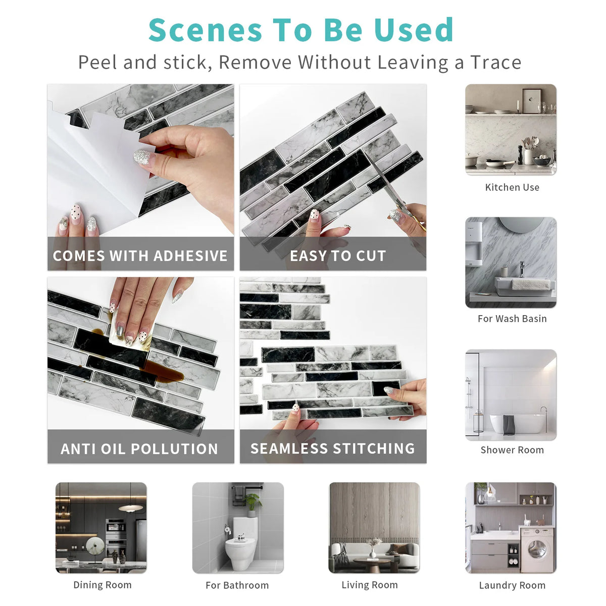 Self-adhesive marble wall stickers in various shades used for decorating kitchen, bathroom, and living room surfaces.