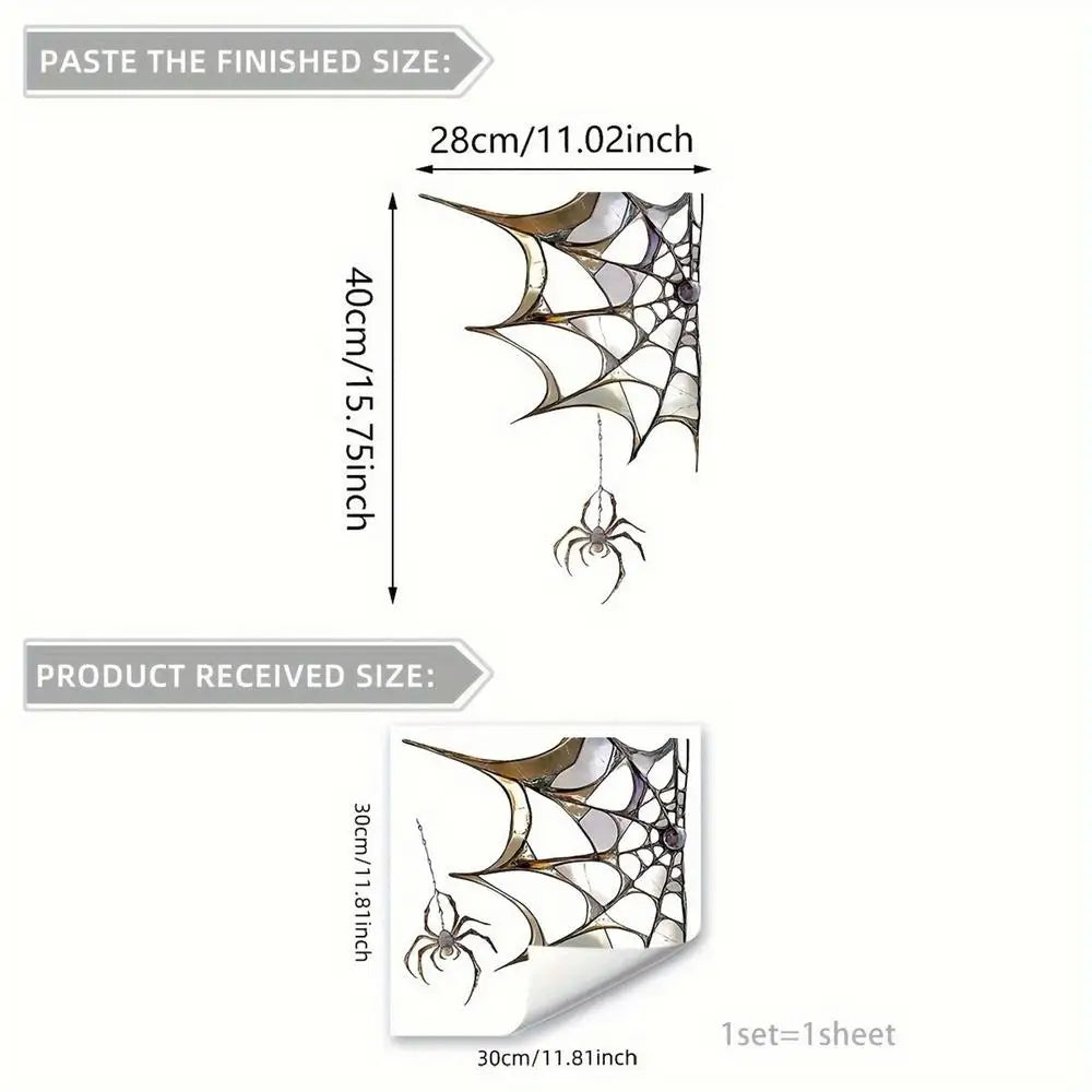 A comparison showing the finished size and received size of a Halloween spider web window decal.