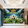 A vibrant football themed birthday backdrop banner featuring a soccer ball, trophies, crowns, and festive decorations.