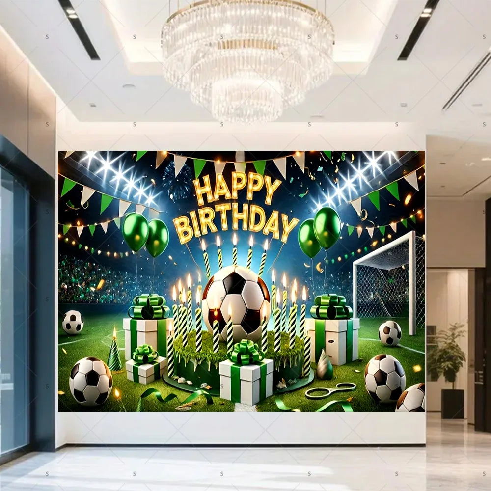A vibrant football themed birthday backdrop banner featuring a soccer ball, trophies, crowns, and festive decorations.