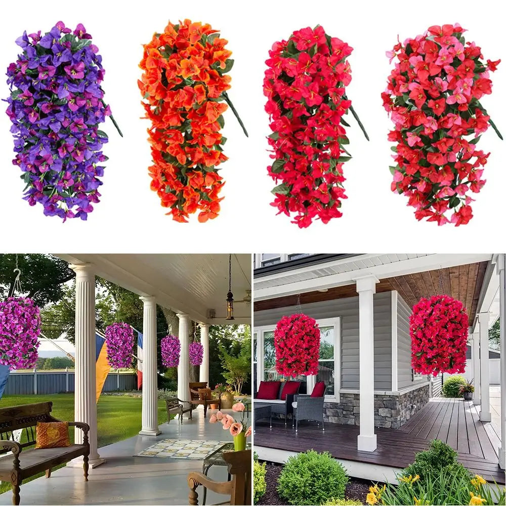 Four arrangements of vibrant faux bougainvillea vine flowers in purple, orange, pink, and red.